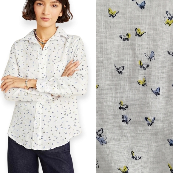 Anthropologie Grayson The Hero 100% Linen Butterfly Print White Button Up 3 or M - Picture 1 of 16
